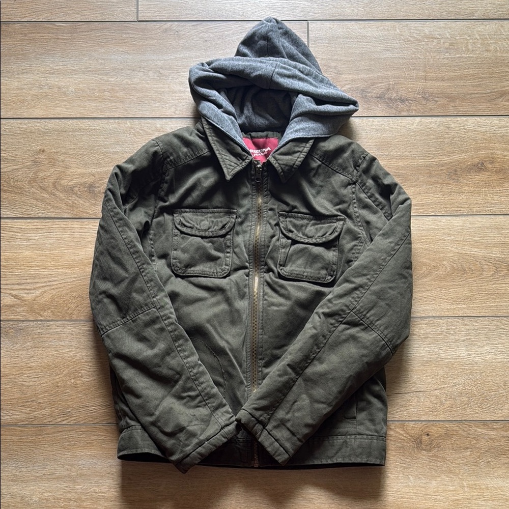 Boys Green Military Field Jacket with Gray Hood 14/16
